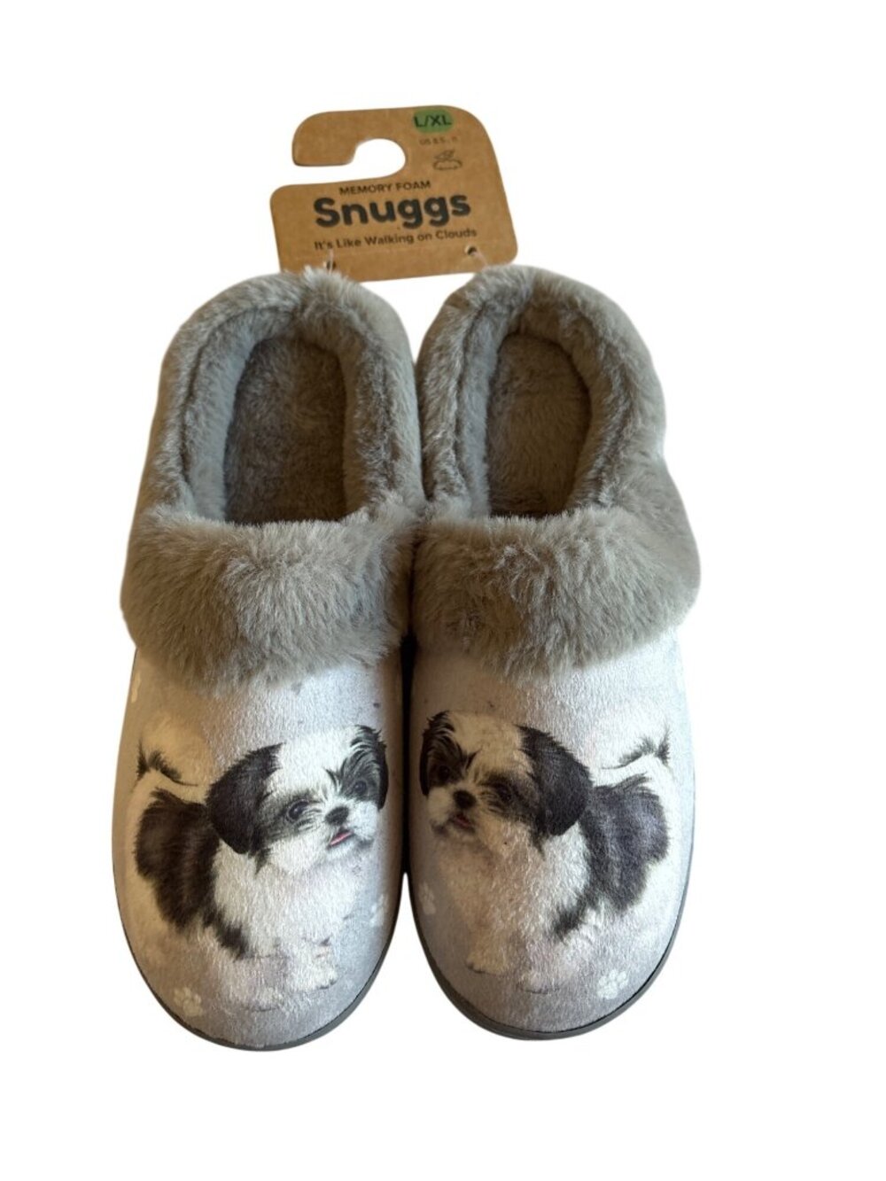 Black Shih Tzu Dog Print Fuzzy Slippers L/XL Womens US 8.5-11Snuggs Memory Foam